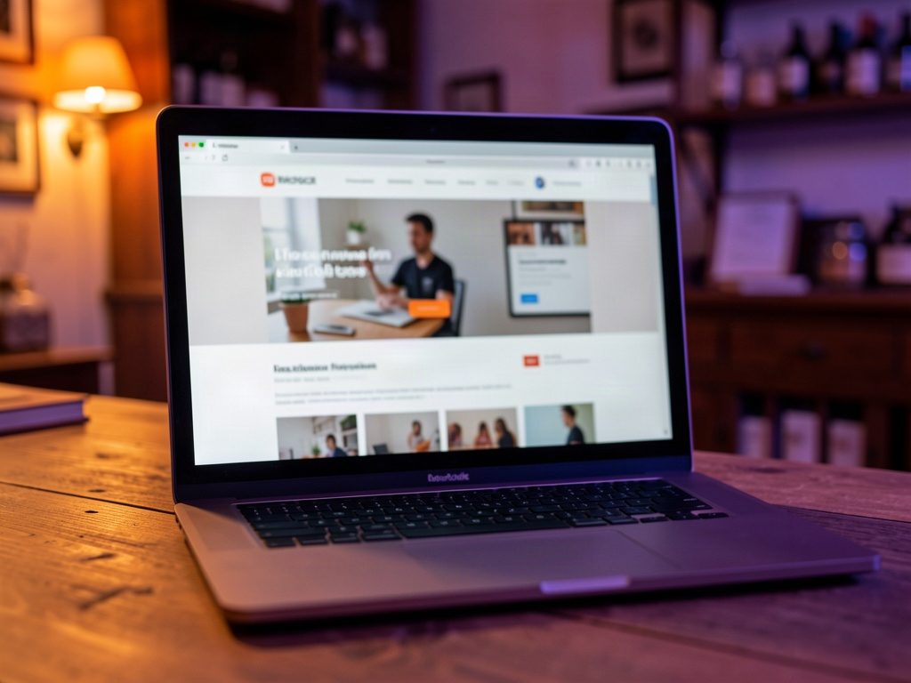 Laptop aperto su un sito web, in un'ambientazione calda
