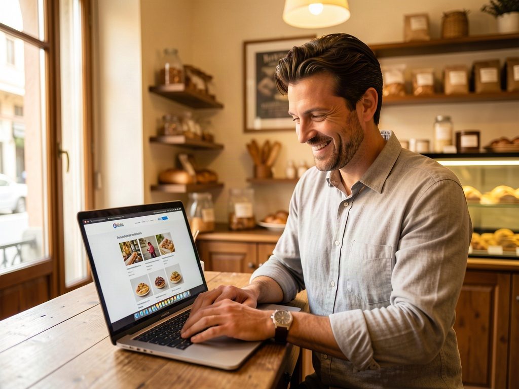 Titolare di un'attività bergamasca guarda il nuovo sito sul laptop, nel proprio negozio