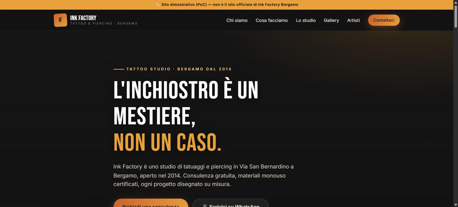 Schermata della home del sito dimostrativo Ink Factory Bergamo