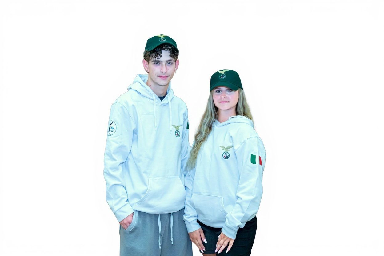 Ragazzo e ragazza con felpa bianca con cappuccio e cappellino verde