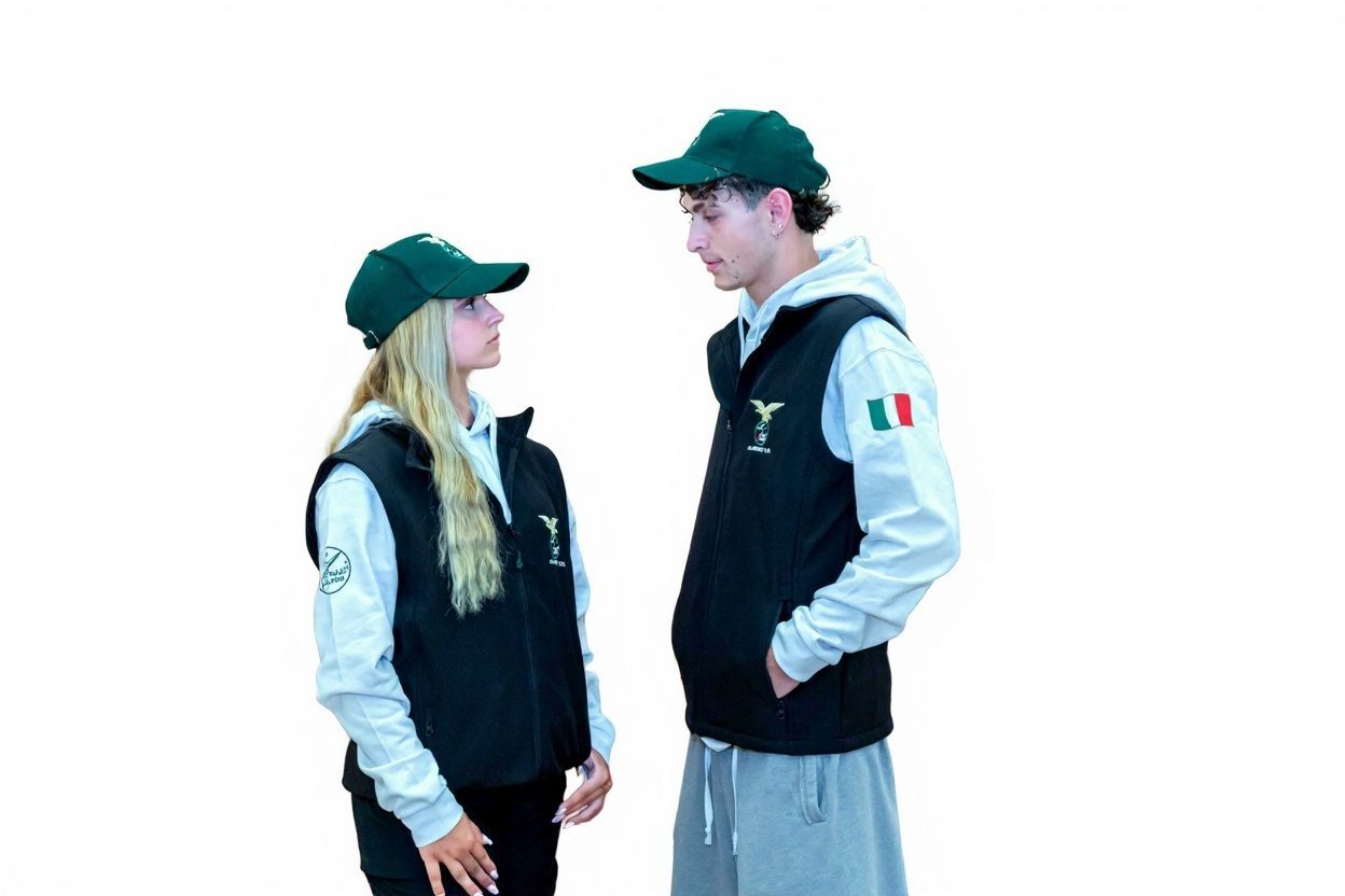 Ragazza e ragazzo di profilo con gilet nero sopra la felpa bianca e cappellino verde