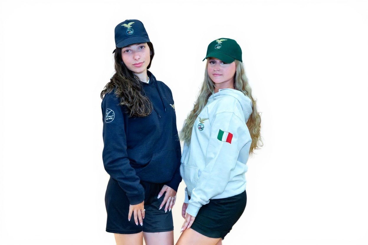 Due ragazze con felpa blu e felpa bianca, cappellino blu e cappellino verde