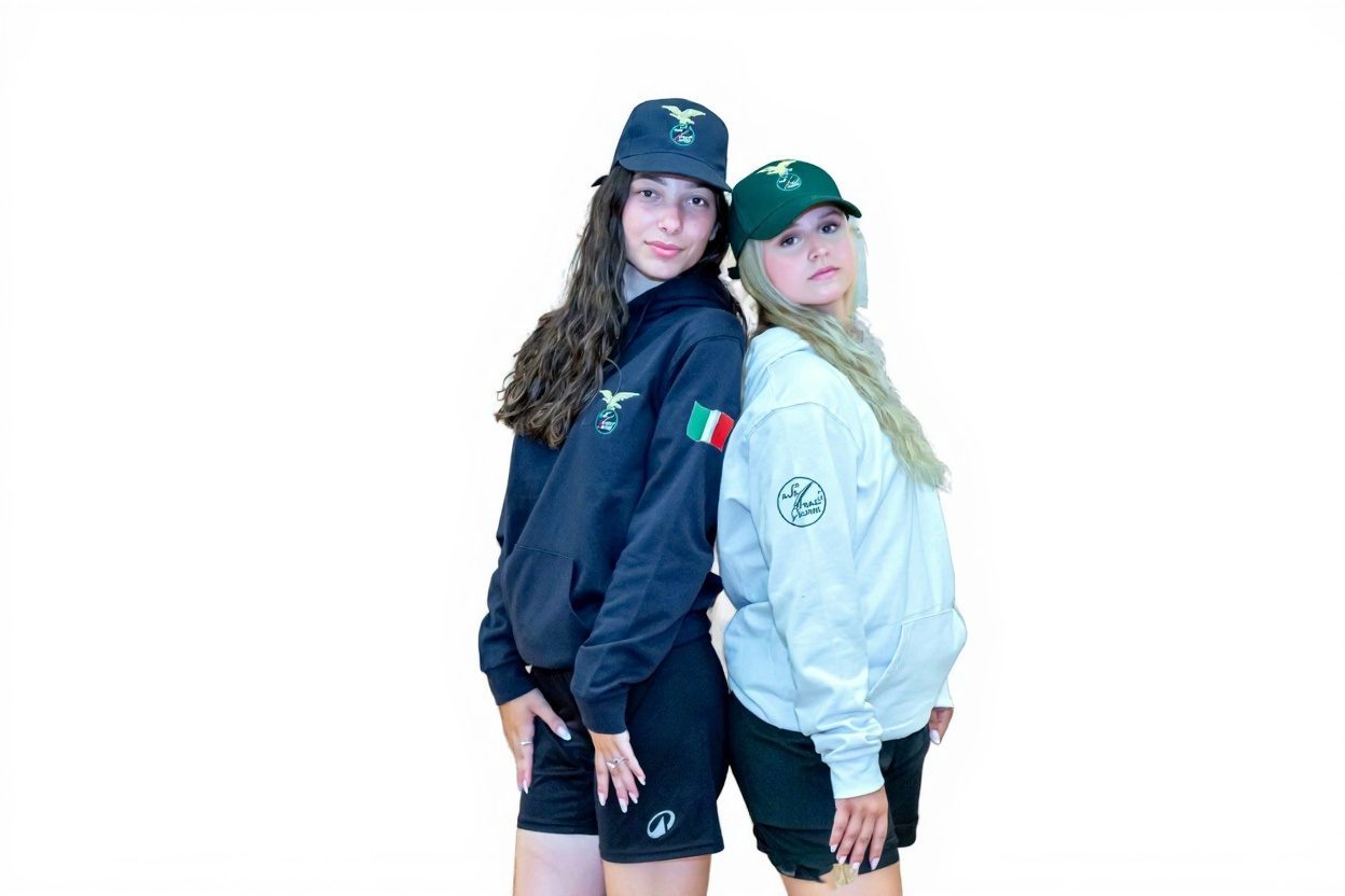Due ragazze schiena contro schiena con felpa bianca e felpa blu con cappuccio
