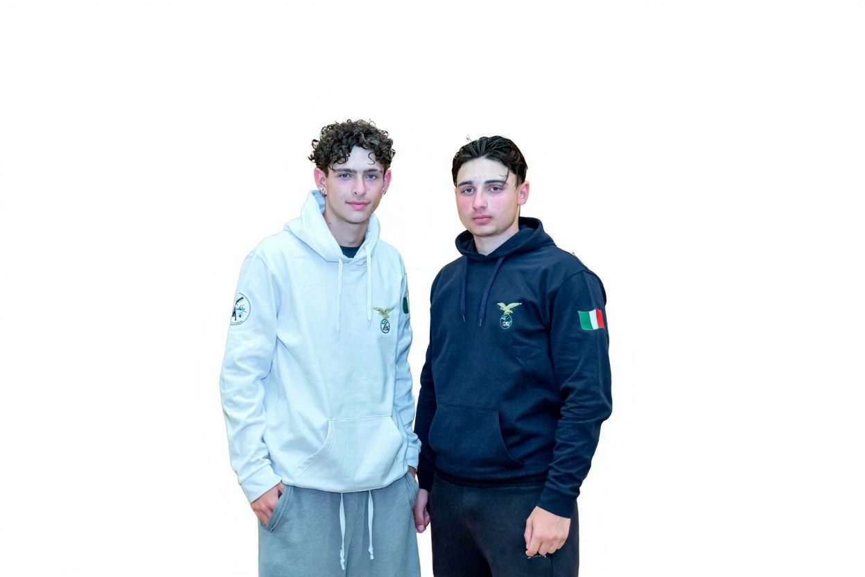 Due ragazzi indossano la felpa bianca e la felpa blu con cappuccio