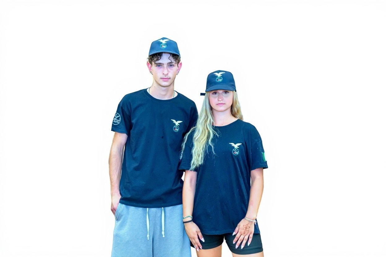 Maglietta blu del Campo Scuola indossata da un ragazzo e una ragazza, con cappellino blu