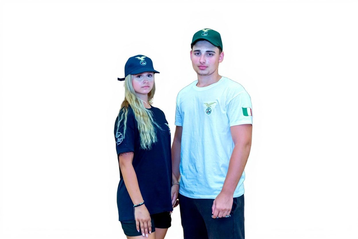 Maglietta blu e maglietta bianca affiancate con i rispettivi cappellini