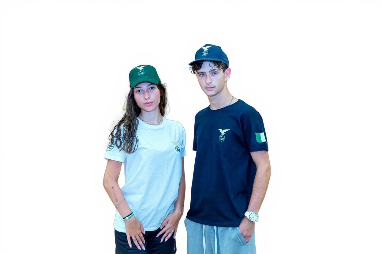 Maglietta bianca e maglietta blu affiancate, con cappellino verde e cappellino blu