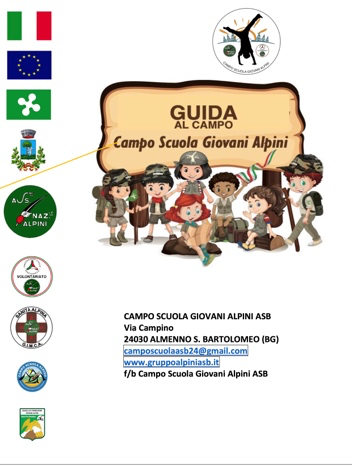 Copertina Guida al Campo — Campo Scuola Giovani Alpini, con i loghi istituzionali (bandiera italiana, UE, Regione Lombardia, Comune, ANA, Protezione Civile Volontariato, Sanità Alpina G.I.M.C.A.) e i dati di contatto del Campo Scuola