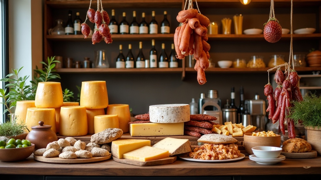Banco della bottega con formaggi stagionati e salumi