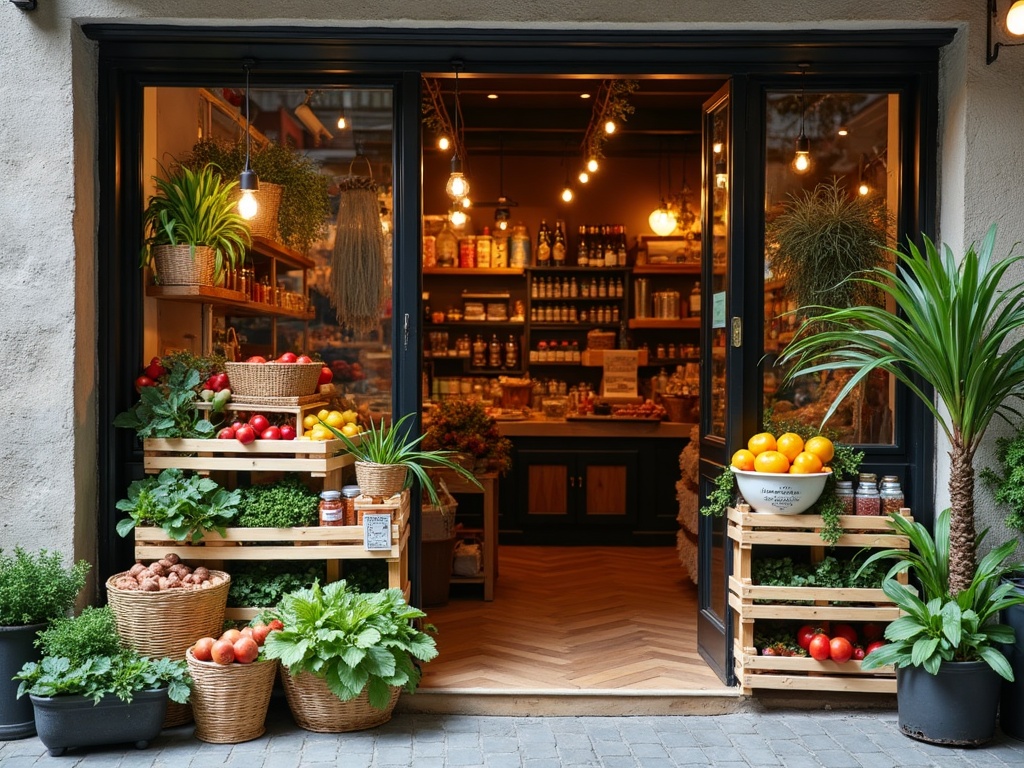 Ingresso della bottega con ceste e conserve