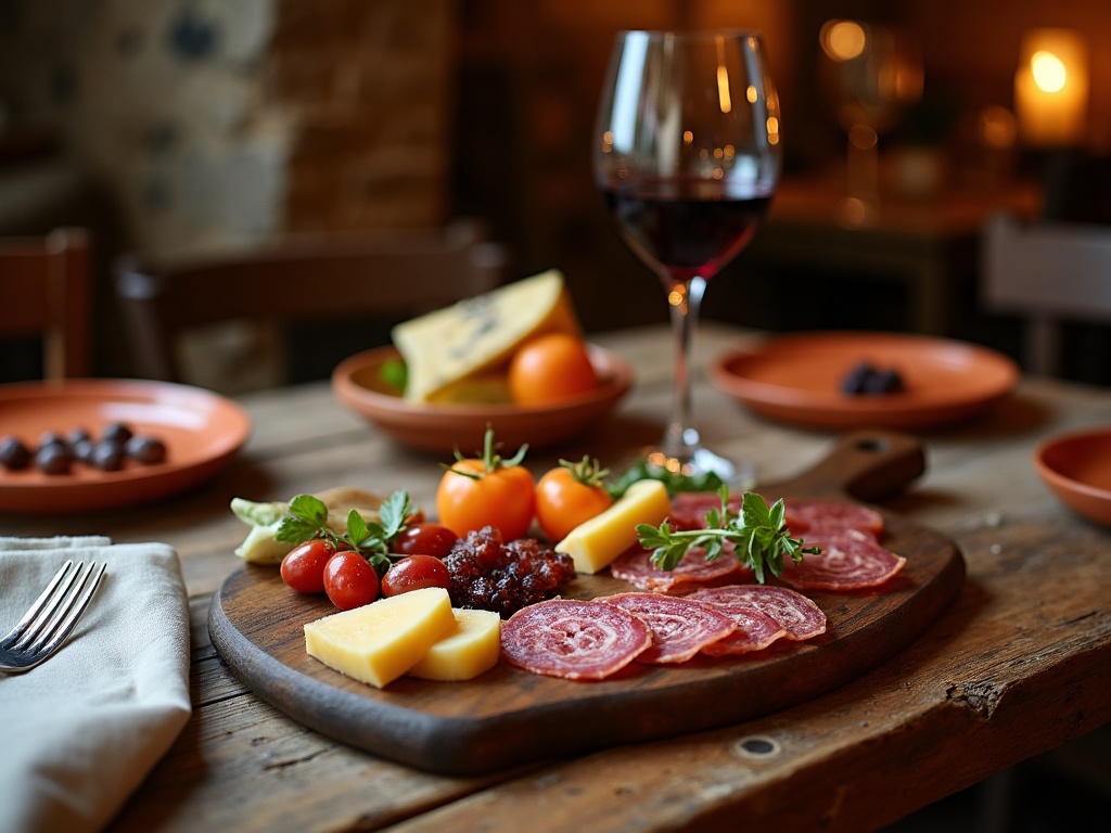 Tavola imbandita con tagliere e calice di vino