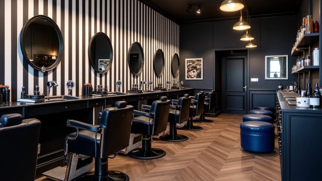 Concept AI: sala del barbershop con parete a righe