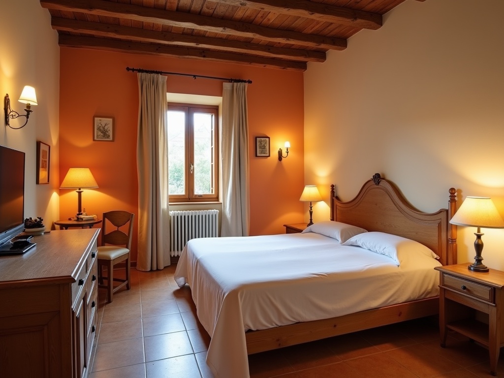 Camera doppia dell'Hotel Il Borghetto, tono caldo terracotta e legno