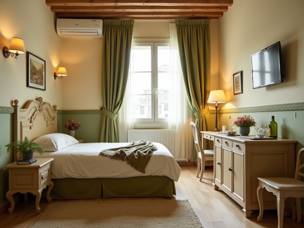 Camera singola dell'Hotel Il Borghetto, tono verde oliva e crema
