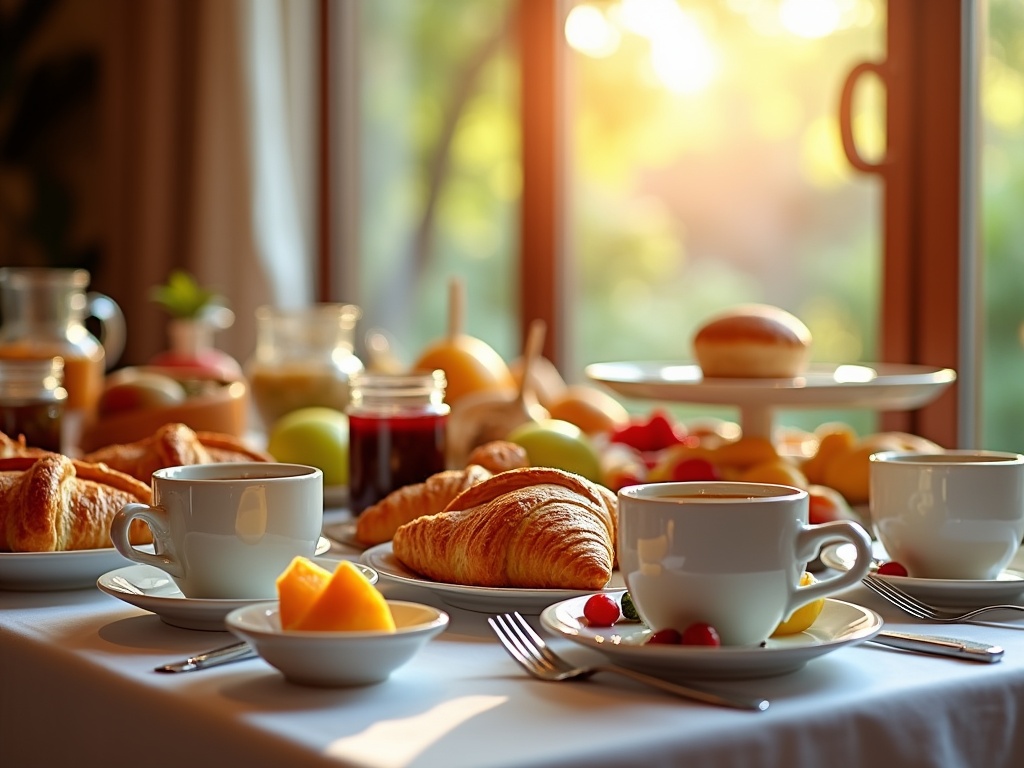 Tavolo della colazione con brioches e caffè
