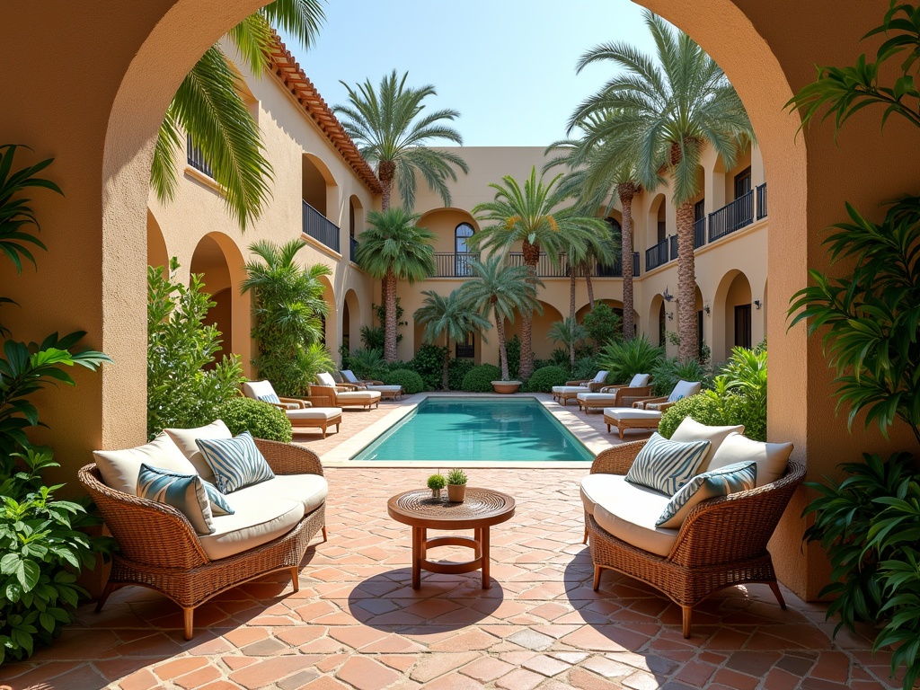 Cortile e giardino dell'Hotel Il Borghetto con arredi da esterno e piante