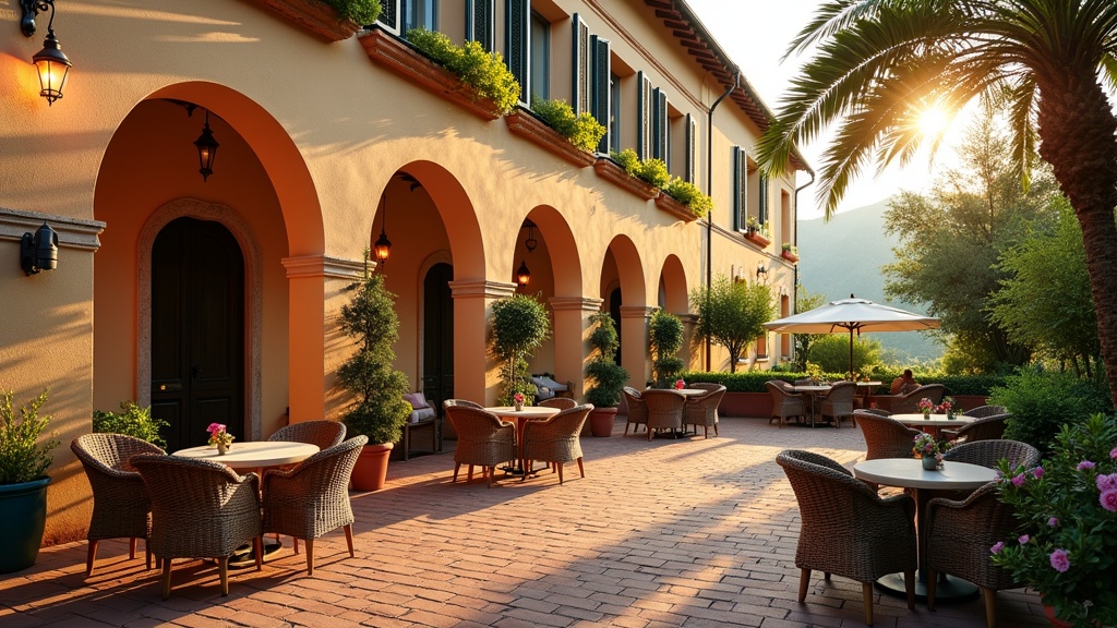 Cortile esterno dell'Hotel Il Borghetto con tavoli e piante, luce calda della sera