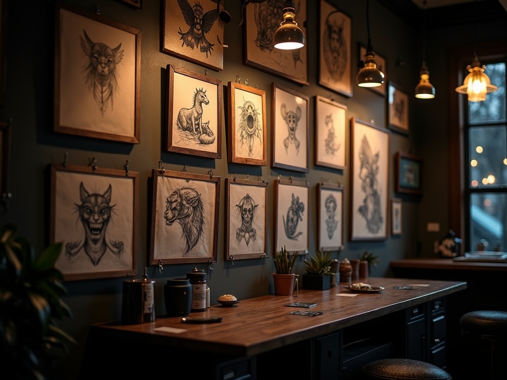 Muro con disegni e schizzi appesi, ambientazione generata con AI