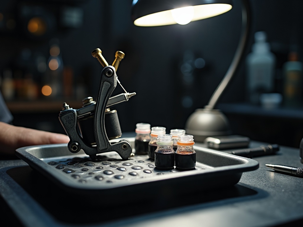 Postazione di lavoro con macchinetta e materiali, ambientazione generata con AI