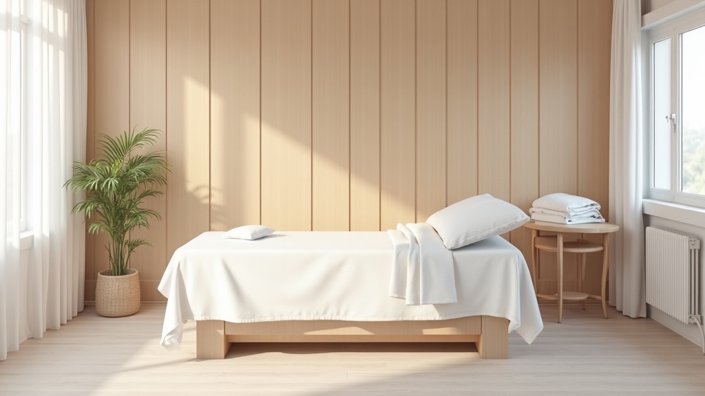 Sala trattamenti di Orobie Salute con lettino, pareti in legno chiaro e luce naturale