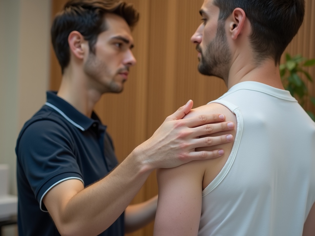 Dettaglio di una seduta di fisioterapia, mani del professionista sulla spalla del paziente
