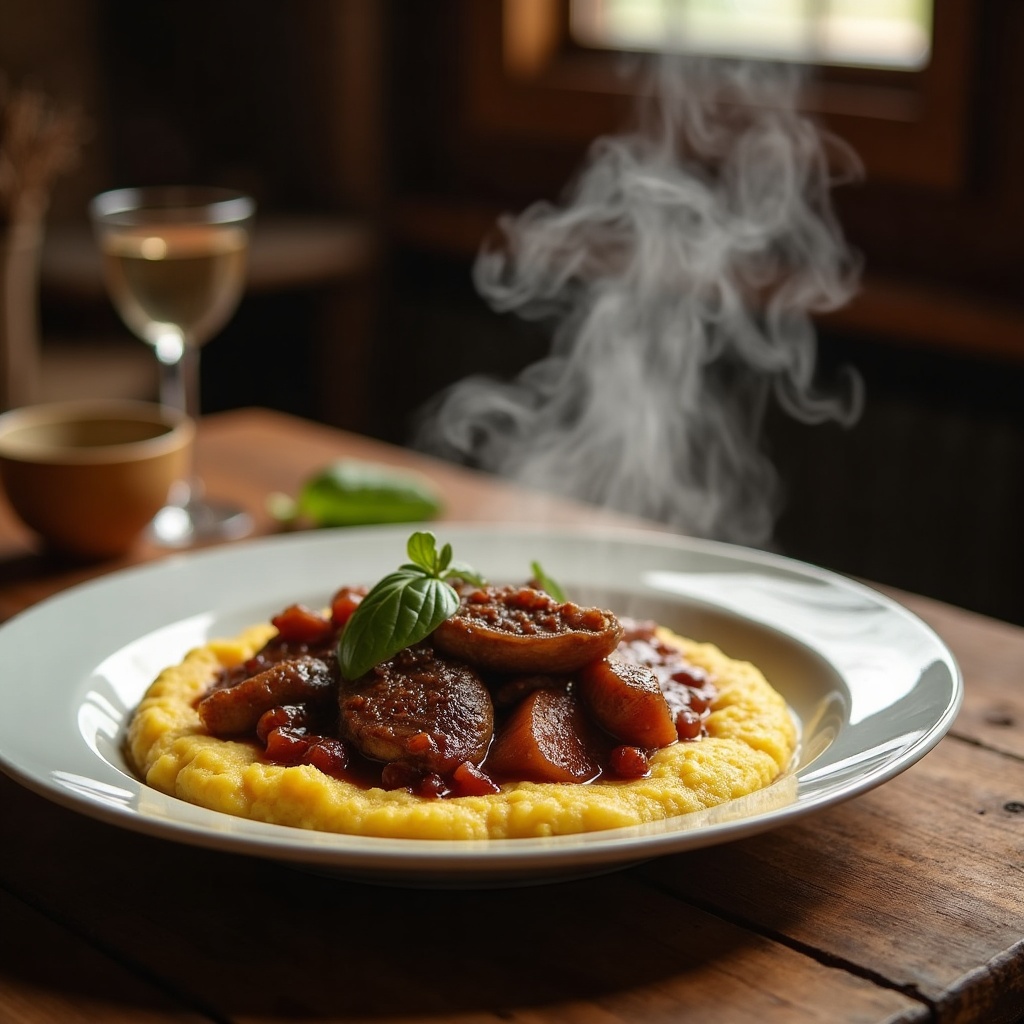Polenta taragna con brasato di selvaggina, piatto tipico della cucina bergamasca servito al Rifugio Cespedosio